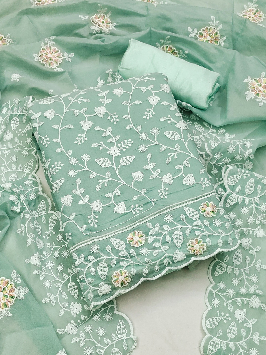 

KALINI Floral Embroidered Unstitched Dress Material, Sea green