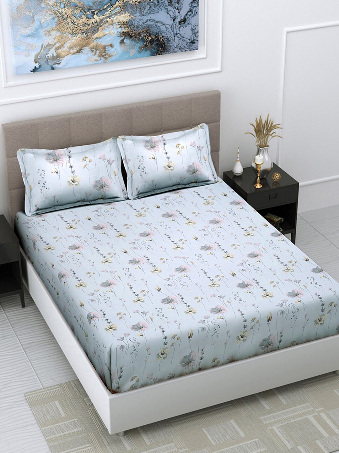 

FABINALIV Blue & Pink Floral Print 300 TC Super King Size Bedsheet with 2 Pillow Covers