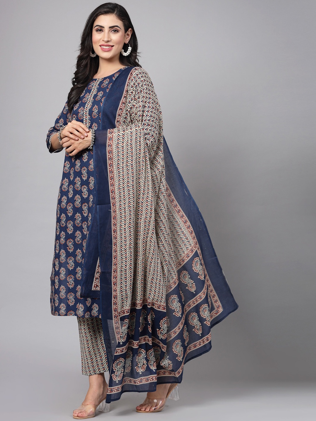 

kipek Ethnic Motifs Printed Regular Pure Cotton Kurta with Trousers & With Dupatta, Navy blue