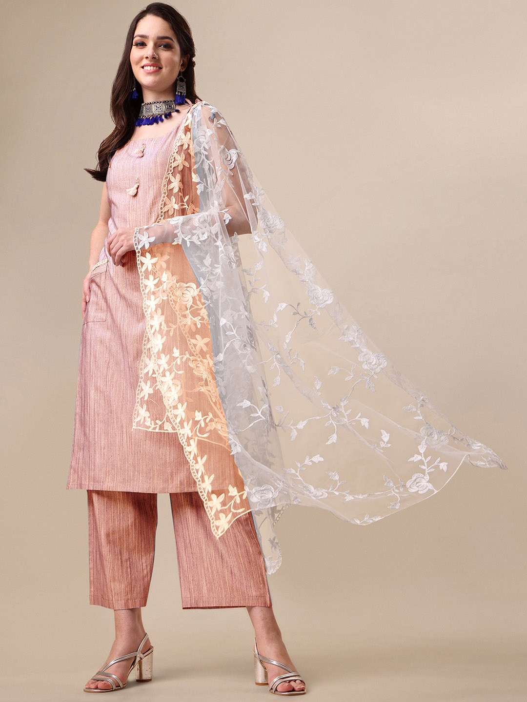 

Sangria Self Design Straight Kurta With Palazzo & Embroidered Dupatta, Pink