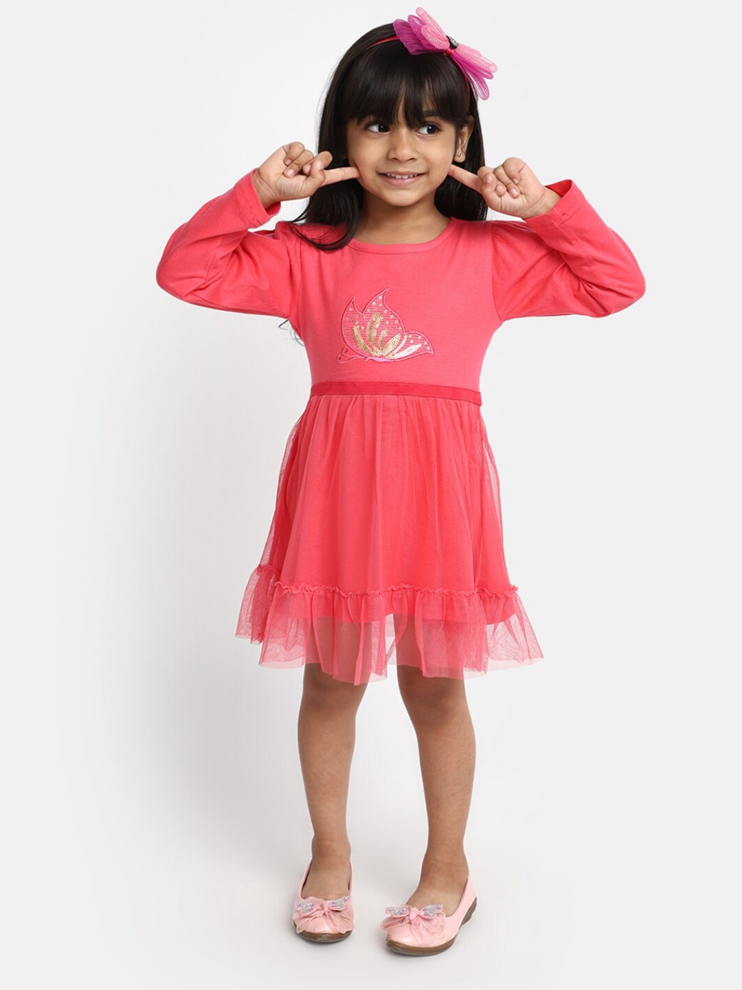 

V-Mart Girls Round Neck Embroidered & Sequined Cotton Fit & Flare Dress, Red
