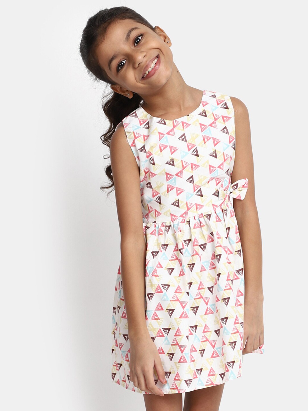 

V-Mart Girls Geometric Print Fit & Flare Cotton Dress, White