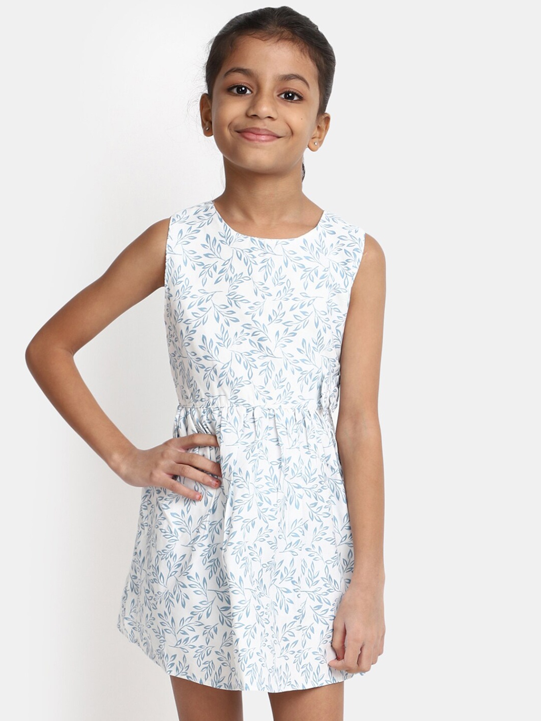 

V-Mart Girls Floral Printed Gathered Fit & Flare Dress, White