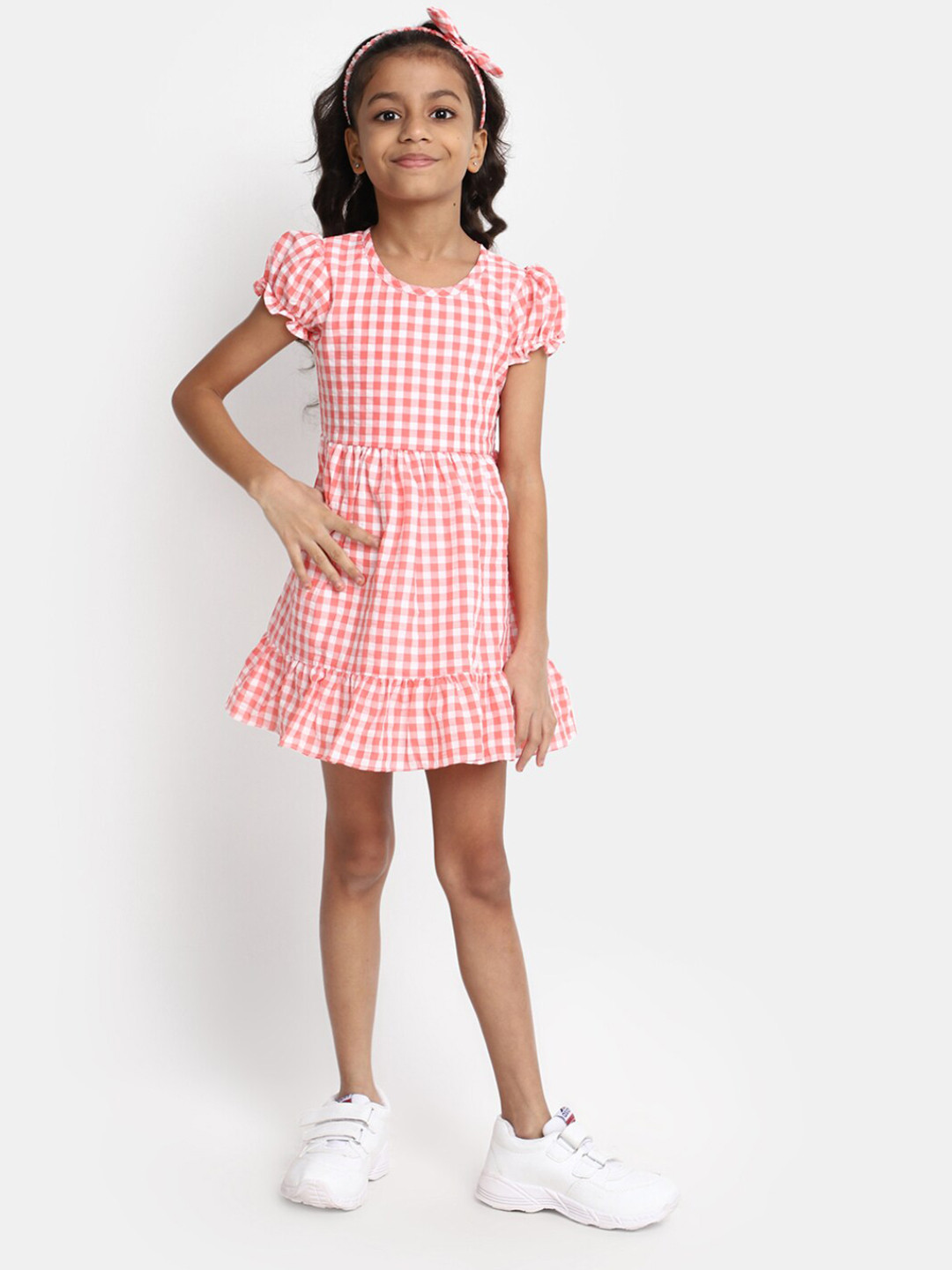

V-Mart Girls Checked Fit & Flare Dress, Coral