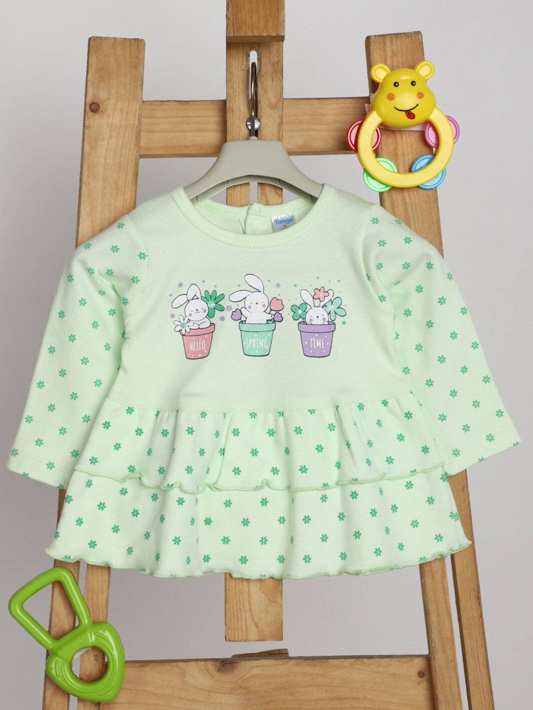 

V-Mart Infants Girls Polka Dot Printed Cotton A-Line Dress, Green
