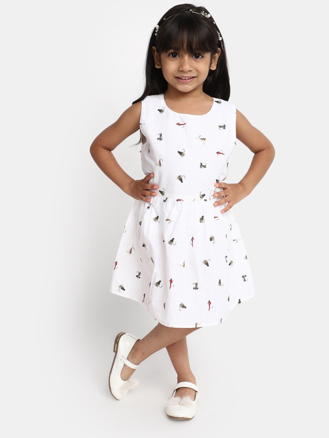 

V-Mart Girls Conversational Printed Cotton A Line Dress, White