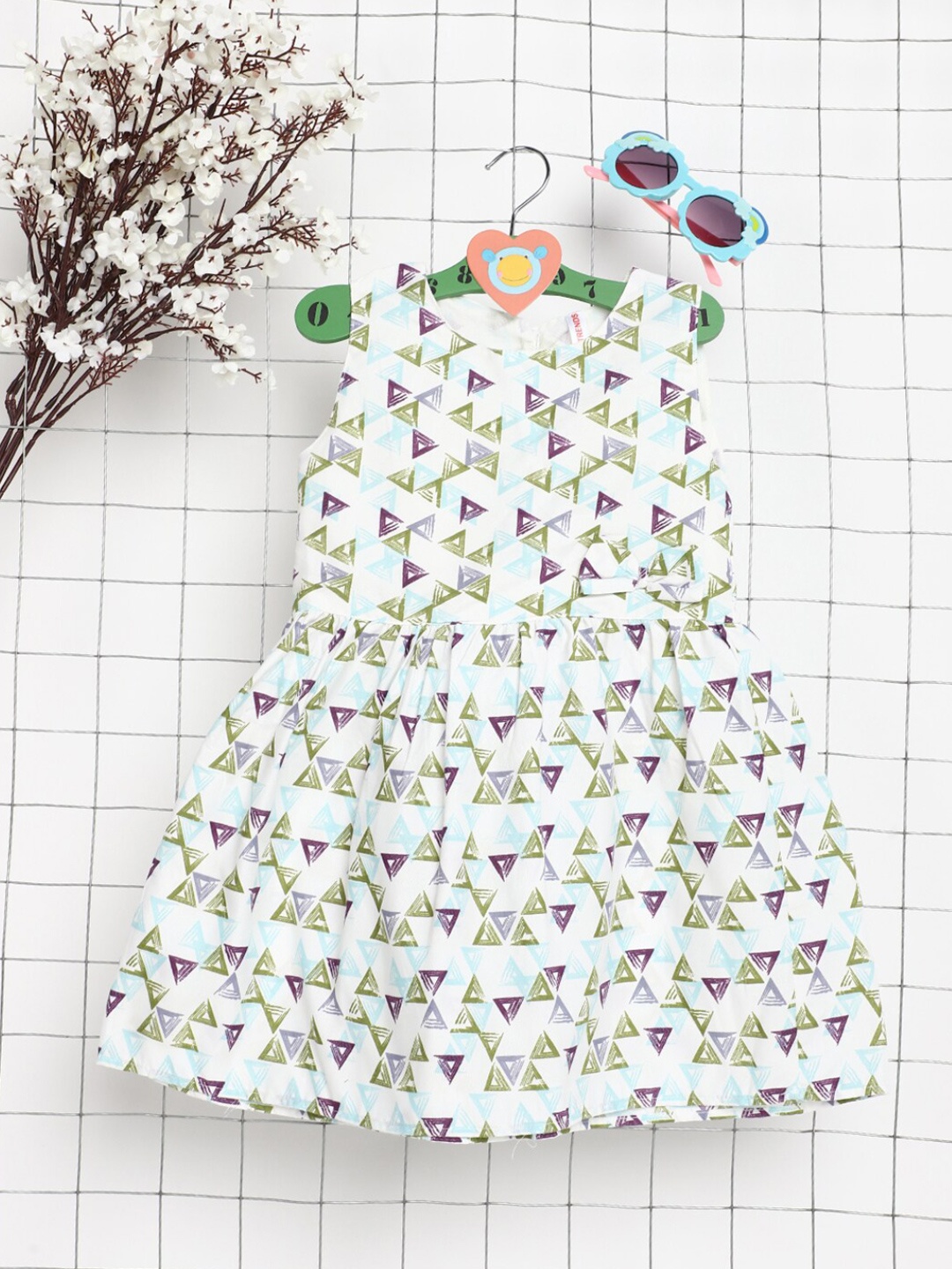 

V-Mart Girls Geometric Printed Cotton Fit & Flare Dress, White