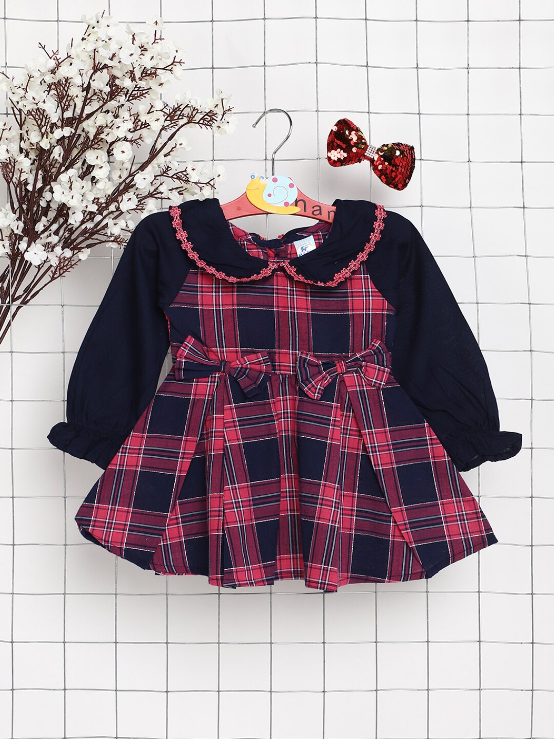 

V-Mart Infants Checked Peter Pan Collar Cotton Fit & Flare Dress, Pink
