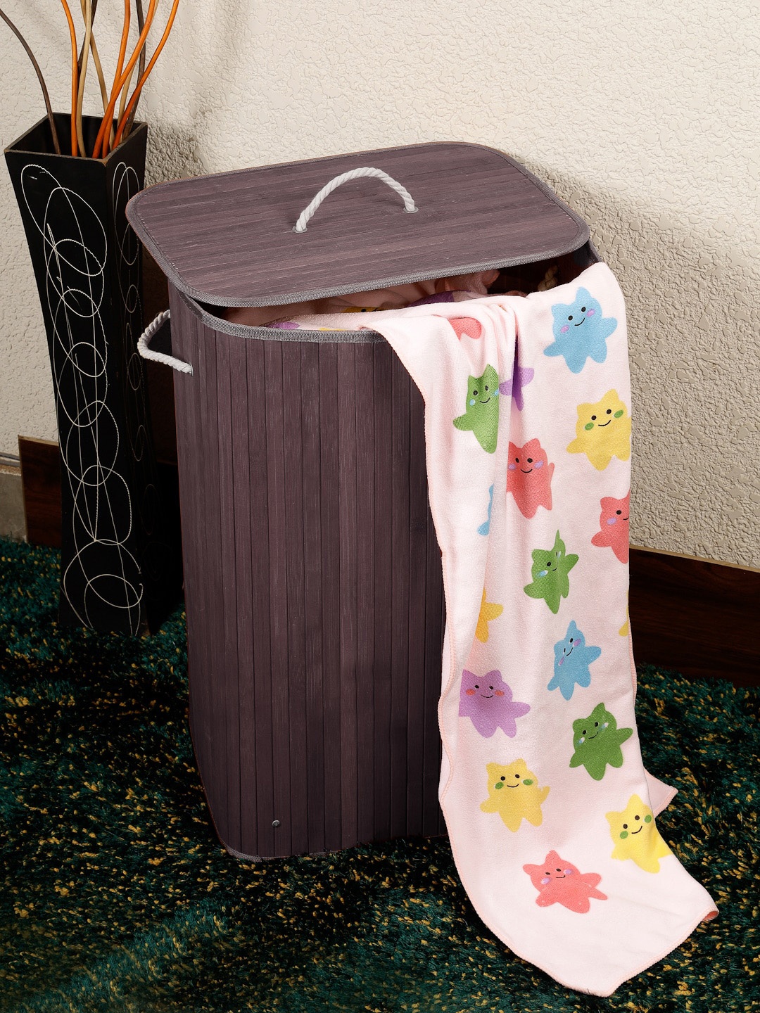 

FABINALIV Brown Textured Foldable Bamboo Laundry Bag With Lid
