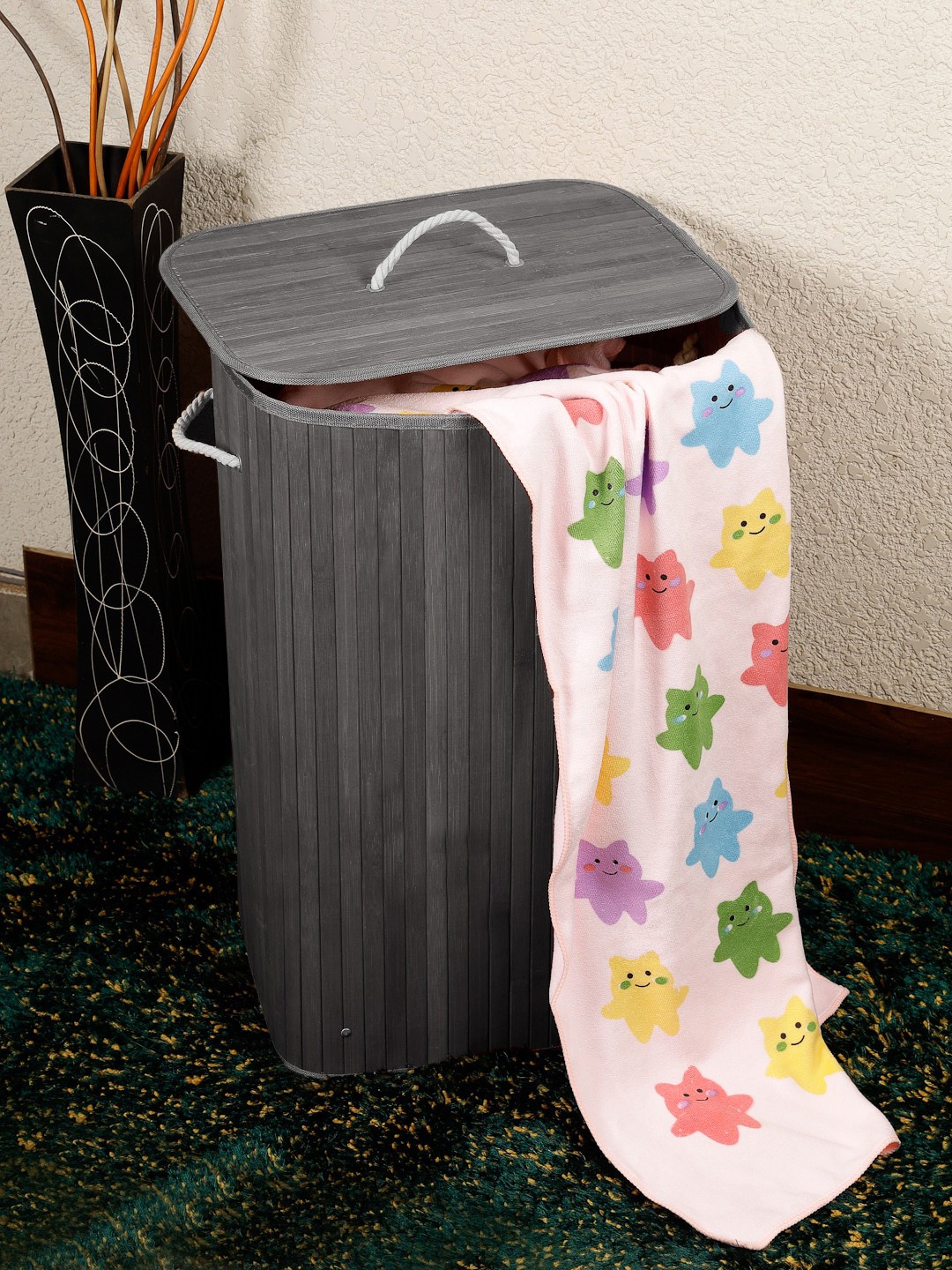

FABINALIV Grey Textured Foldable Bamboo Laundry Bag With Lid