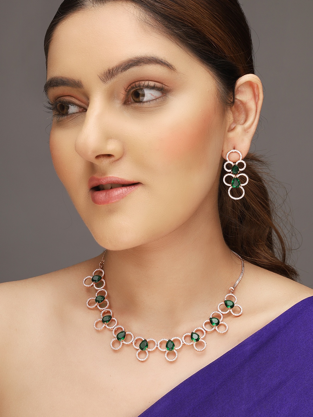 

AQUASTREET Rose Gold-Plated AD Stone Studded Handcrafted Emerald Jewellery Set