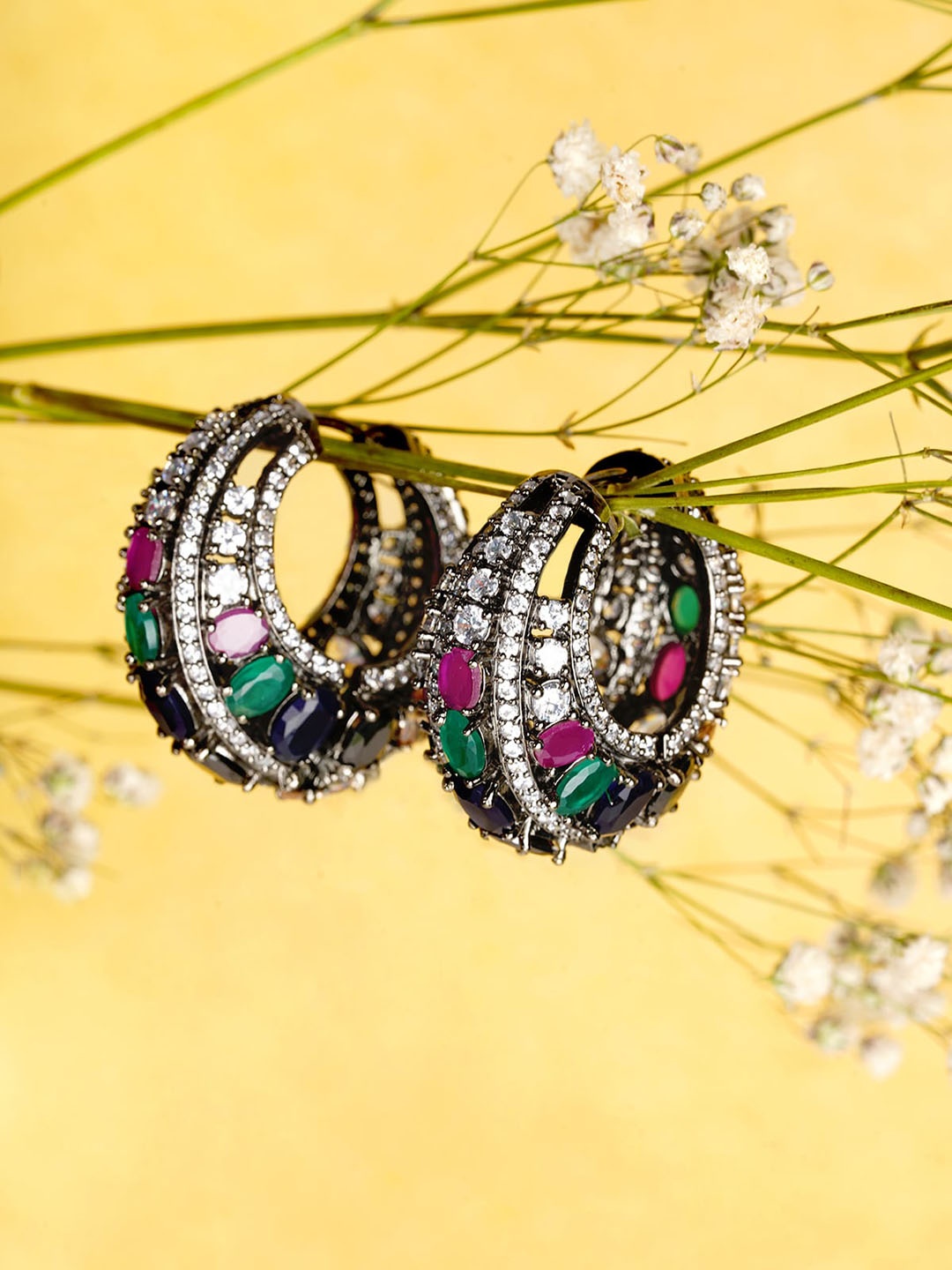 

AQUASTREET Rhodium-Plated Stone-Studded Circular Hoop Earrings, Silver