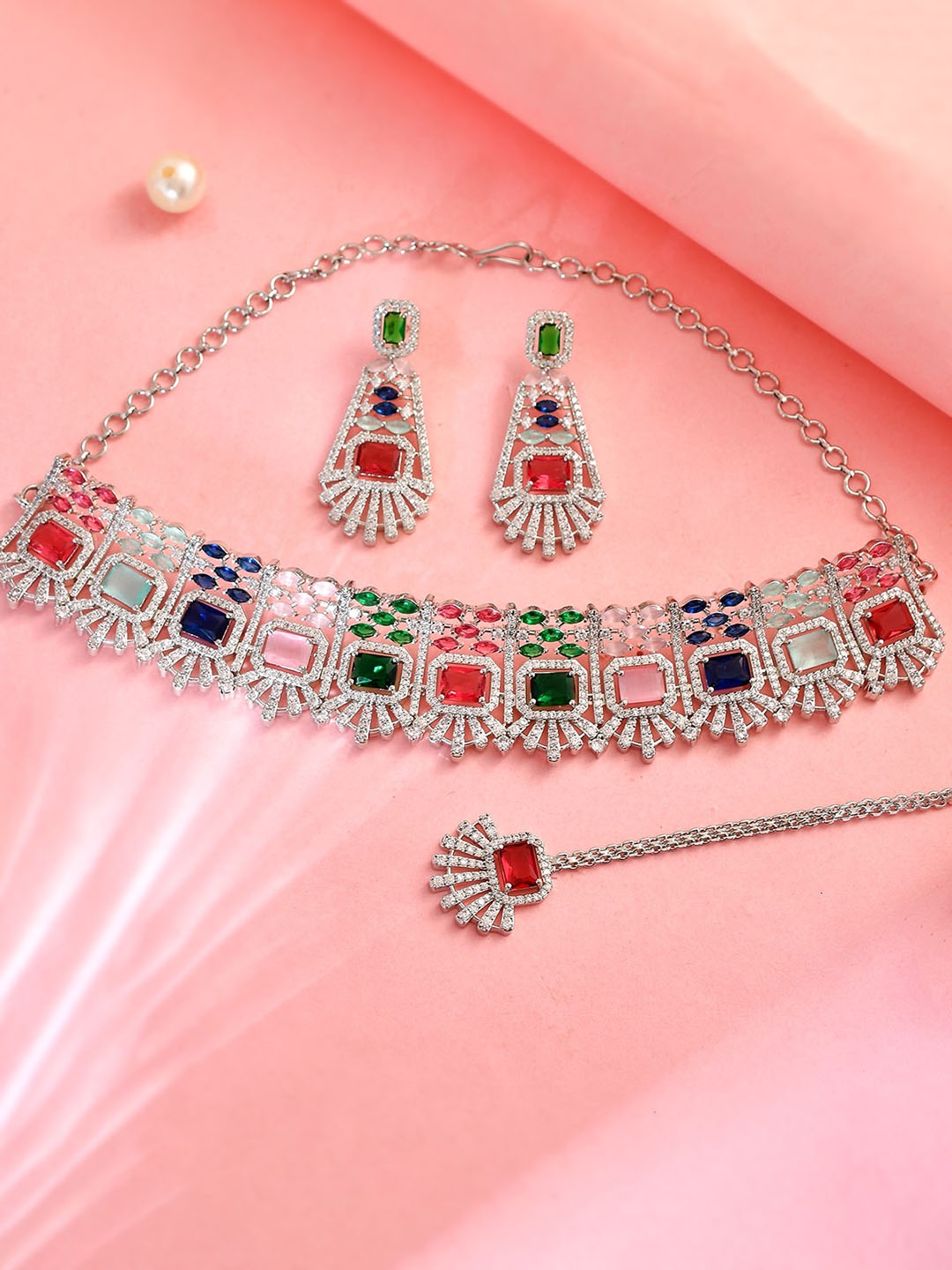 

AQUASTREET Silver-Plated AD Stone Studded Jewellery Set