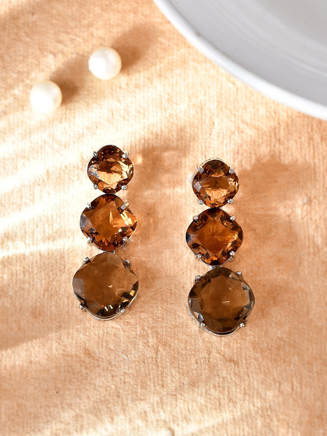

AQUASTREET Silver-Plated AD Studded Contemporary Drop Earrings, Brown