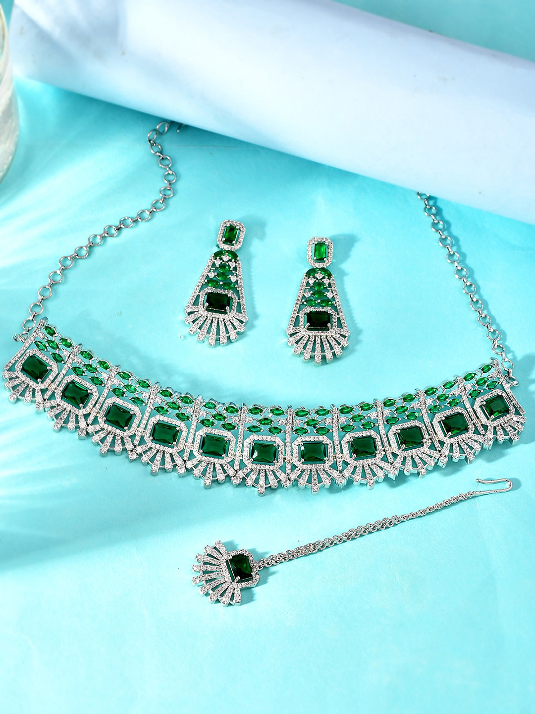 

AQUASTREET Silver-Plated AD Stone-Studded Jewellery Set