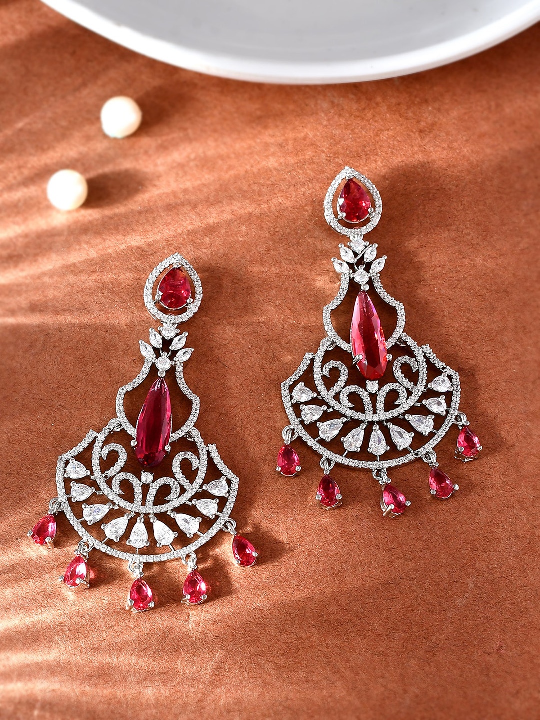 

AQUASTREET Silver-Plated AD Studded Crystal Contemporary Chandbali Earrings