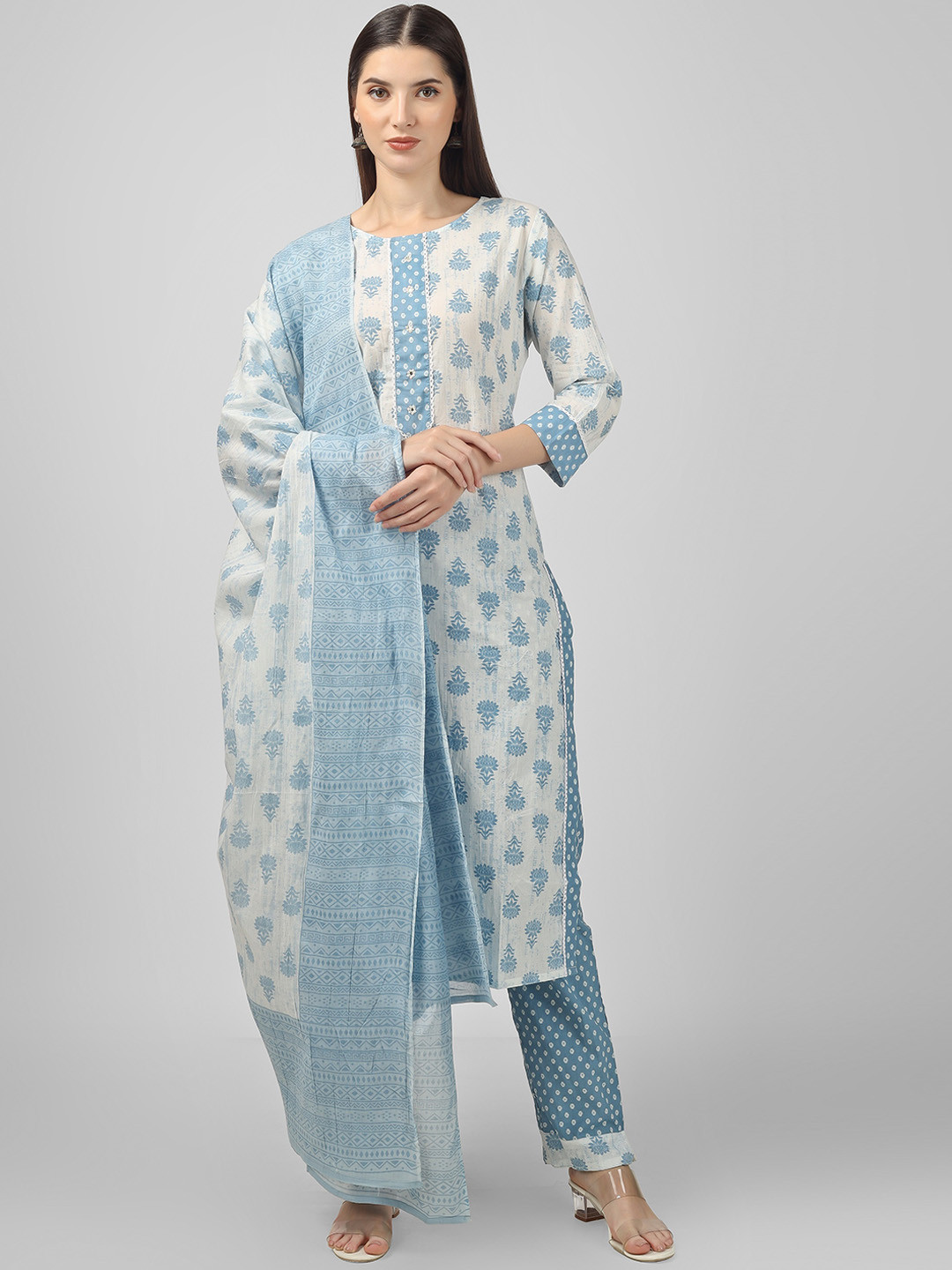 

misbis Ethnic Motifs Printed Thread Work Pure Cotton Kurta with Trousers & Dupatta, Blue