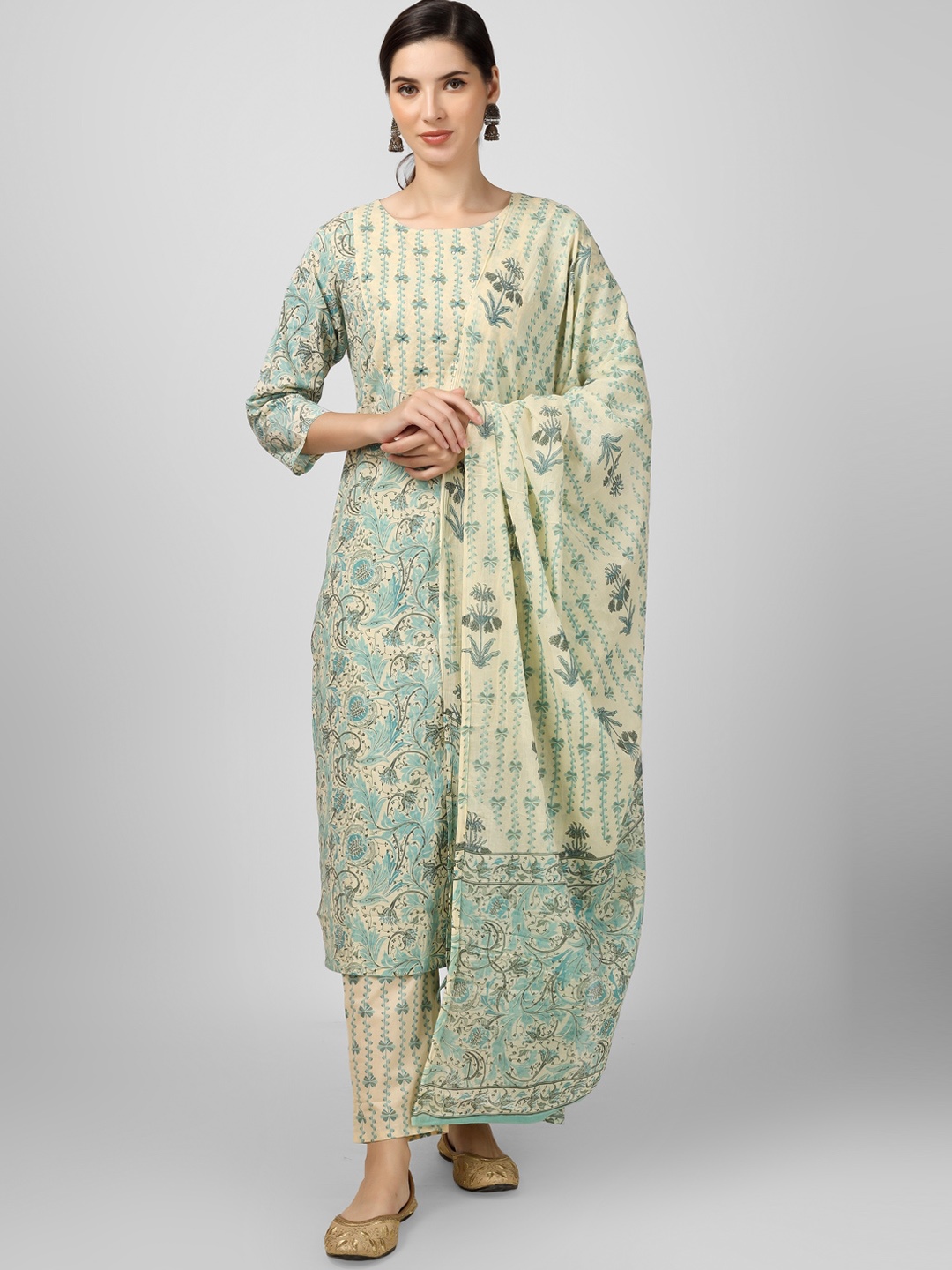 

misbis Printed Thread Work Pure Cotton Kurta with Trousers & Dupatta, Green