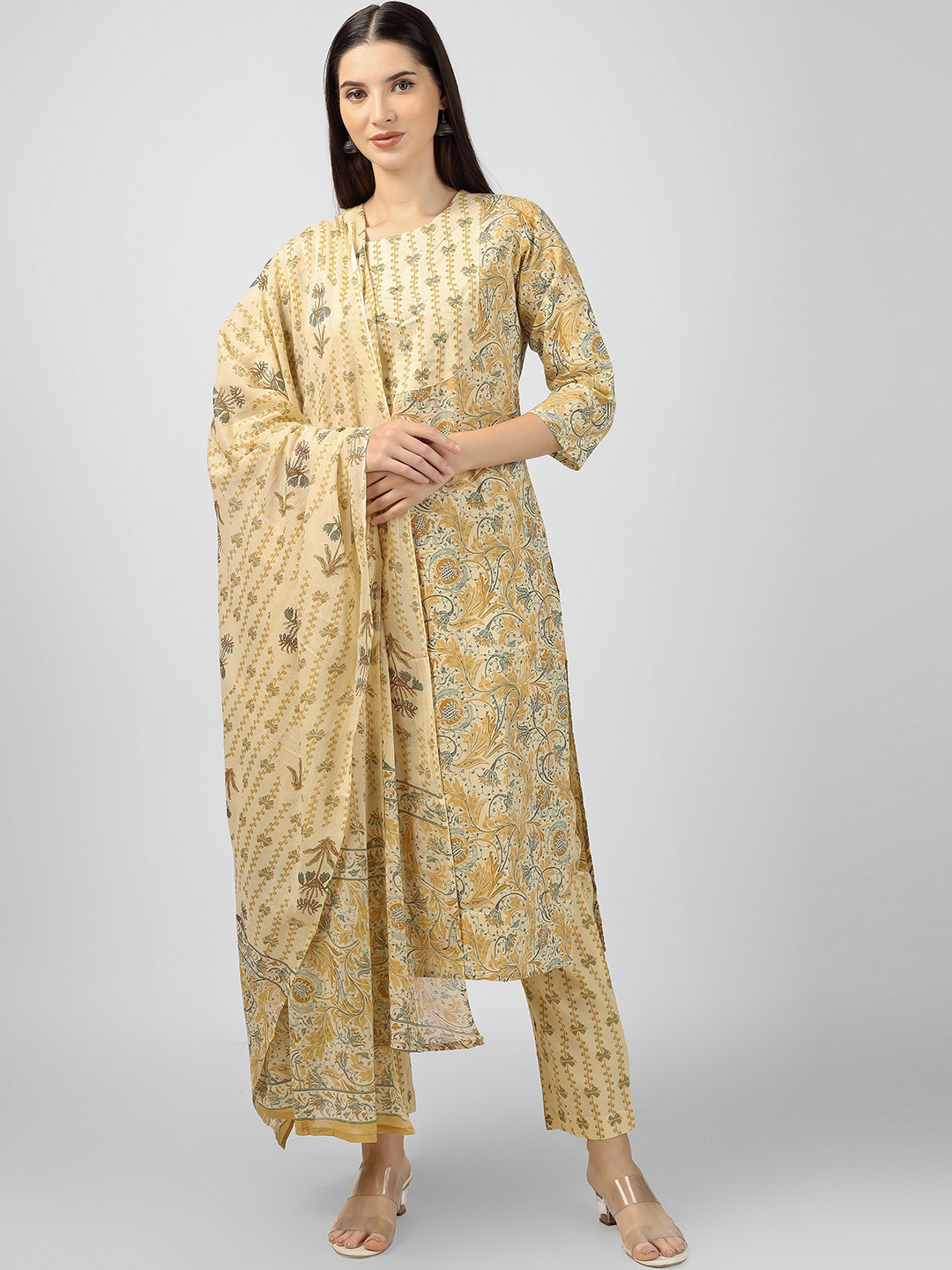 

misbis Ethnic Motifs Printed Thread Work Pure Cotton Kurta with Trousers & Dupatta, Beige