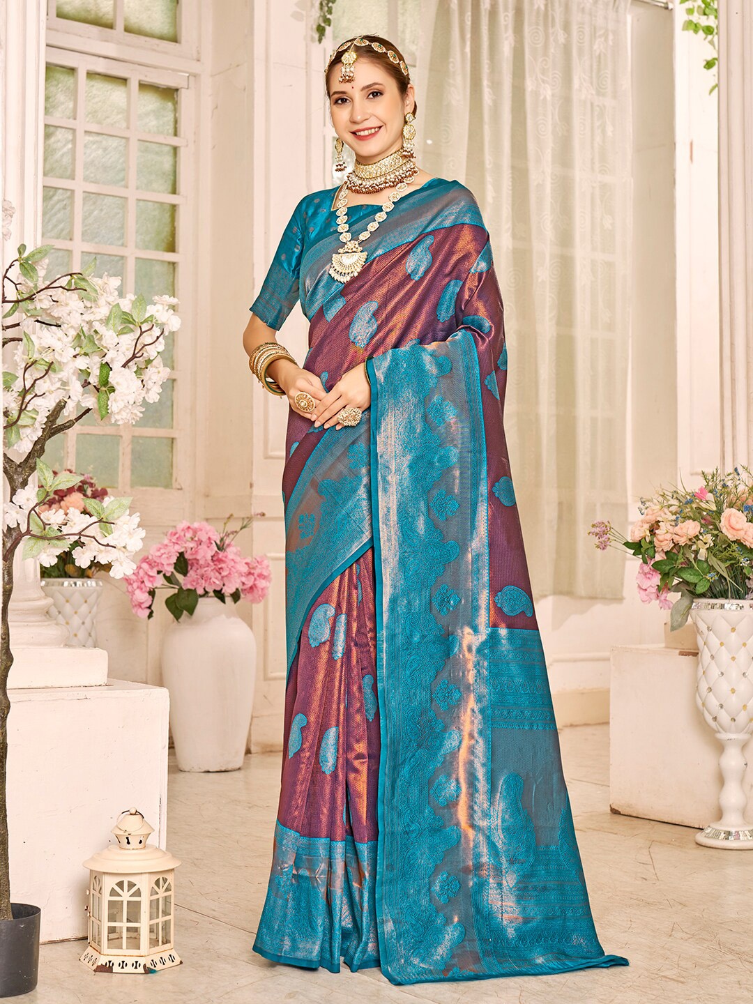 

Anouk Woven Design Zari Kanjeevaram Saree, Turquoise blue