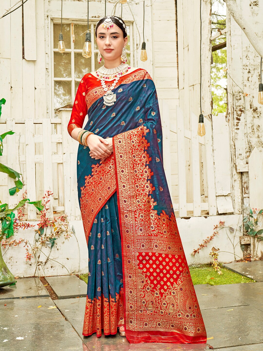

Anouk Turquoise Blue Ethnic Motifs Woven Design Zari Banarasi Saree