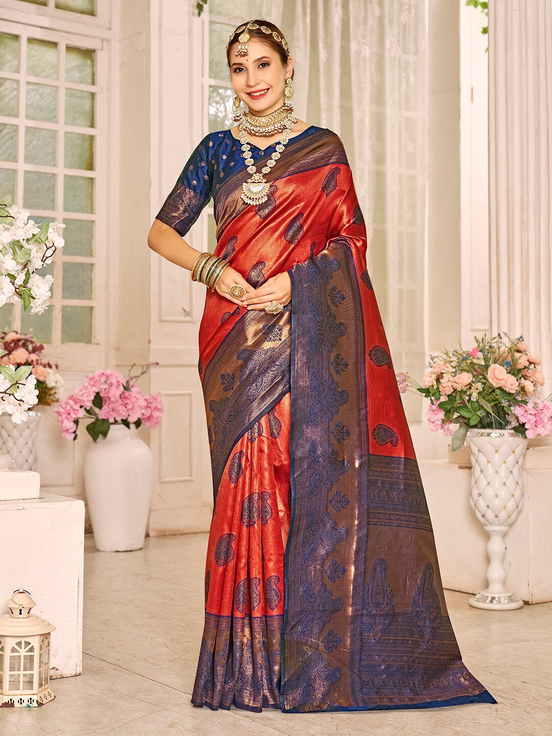 

Anouk Woven Design Zari Kanjeevaram Saree, Orange