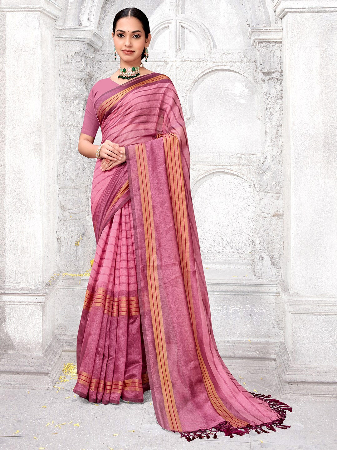 

Anouk Pink Striped Art Silk Saree