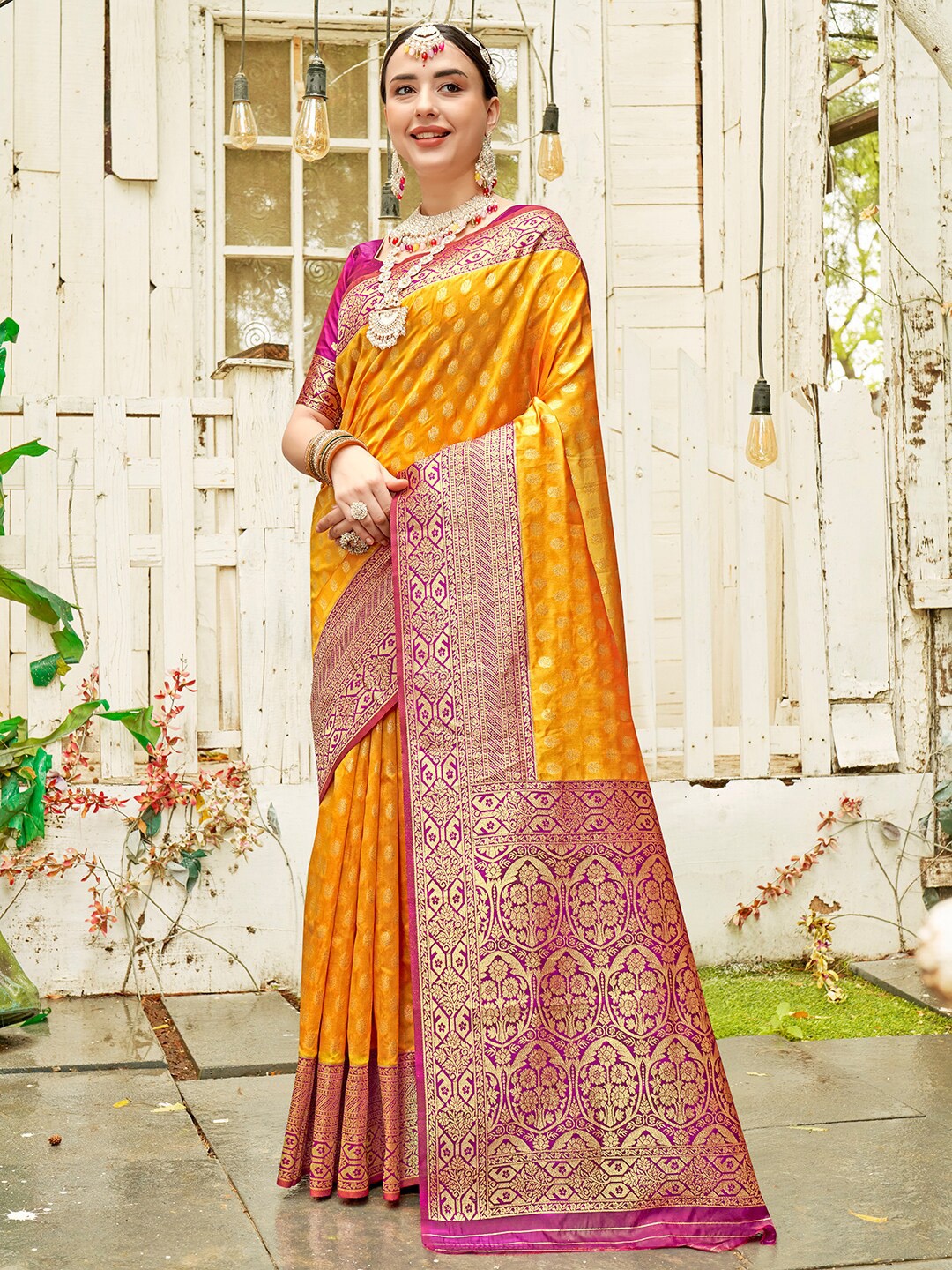 

Anouk Yellow & Pink Ethnic Motifs Woven Design Zari Art Silk Banarasi Saree