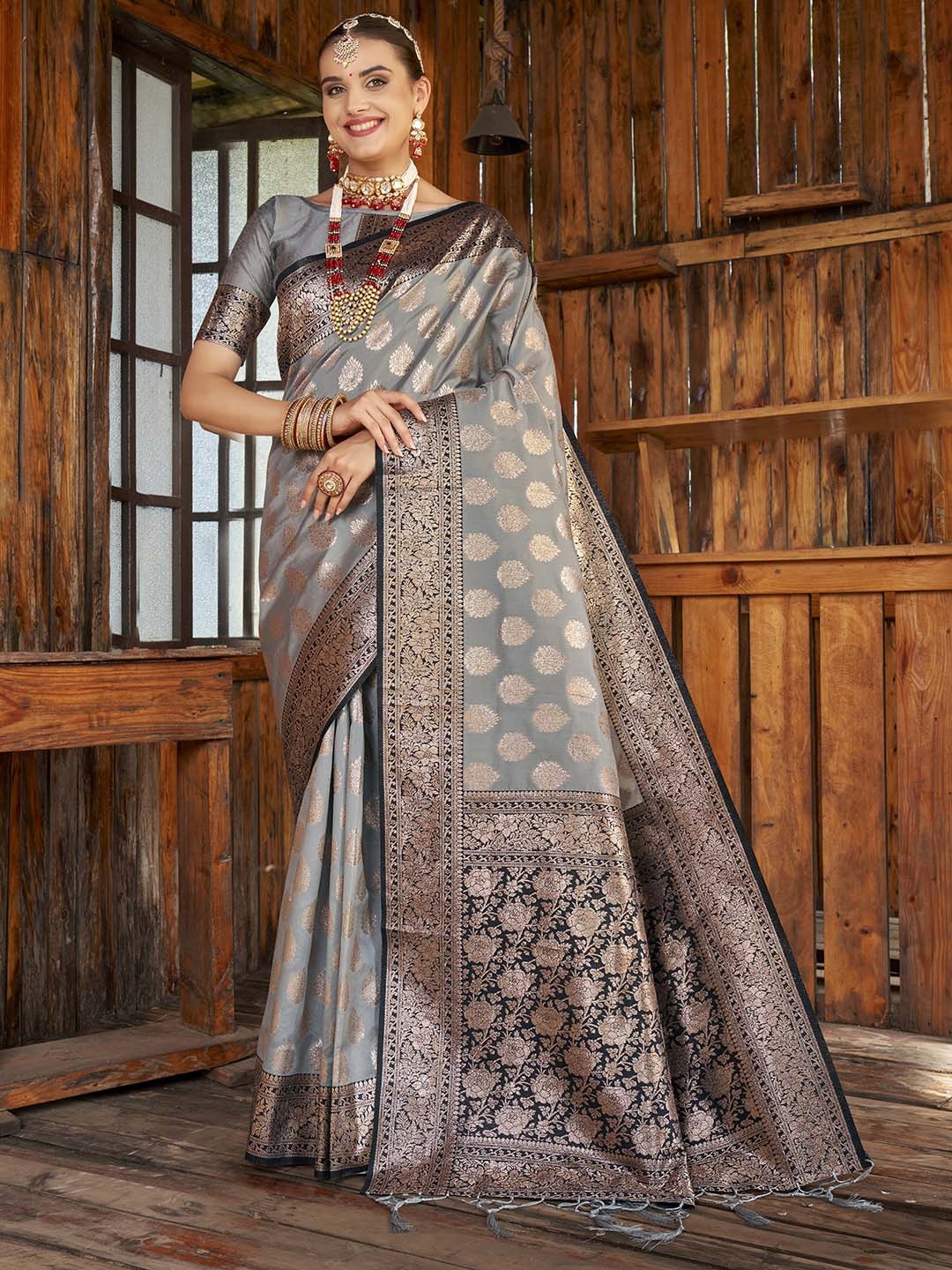 

Anouk Grey Ethnic Motifs Woven Design Zari Detailed Banarasi Saree