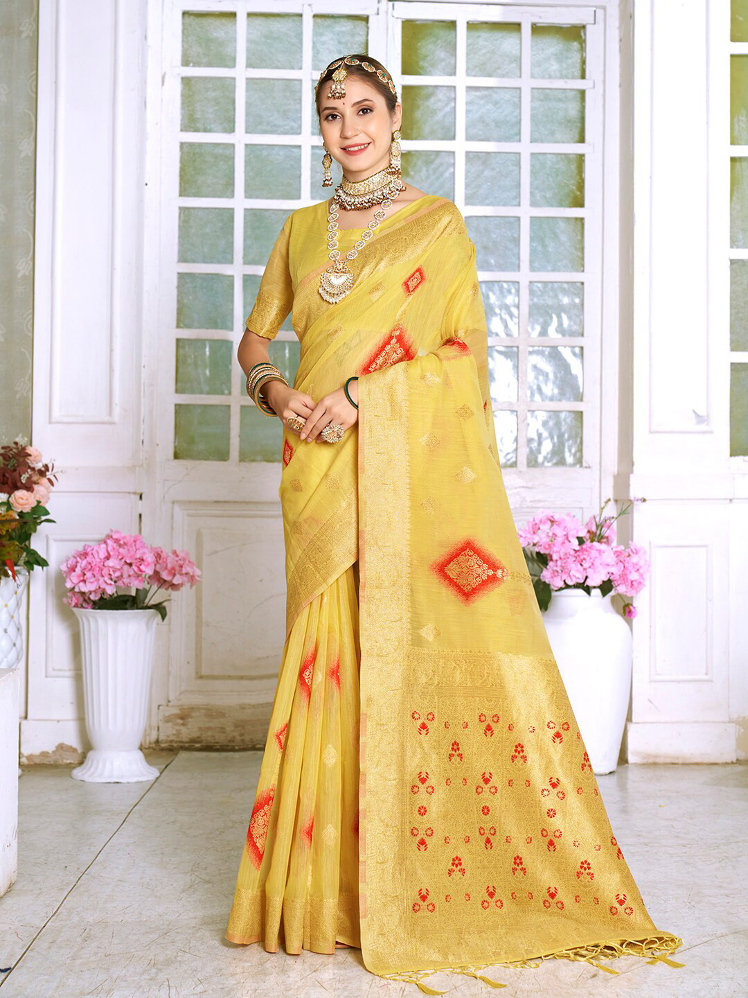 

Anouk Yellow & Red Woven Design Zari Saree
