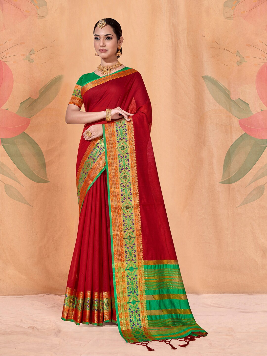 

Anouk Red & Green Woven Design Border Zari Saree