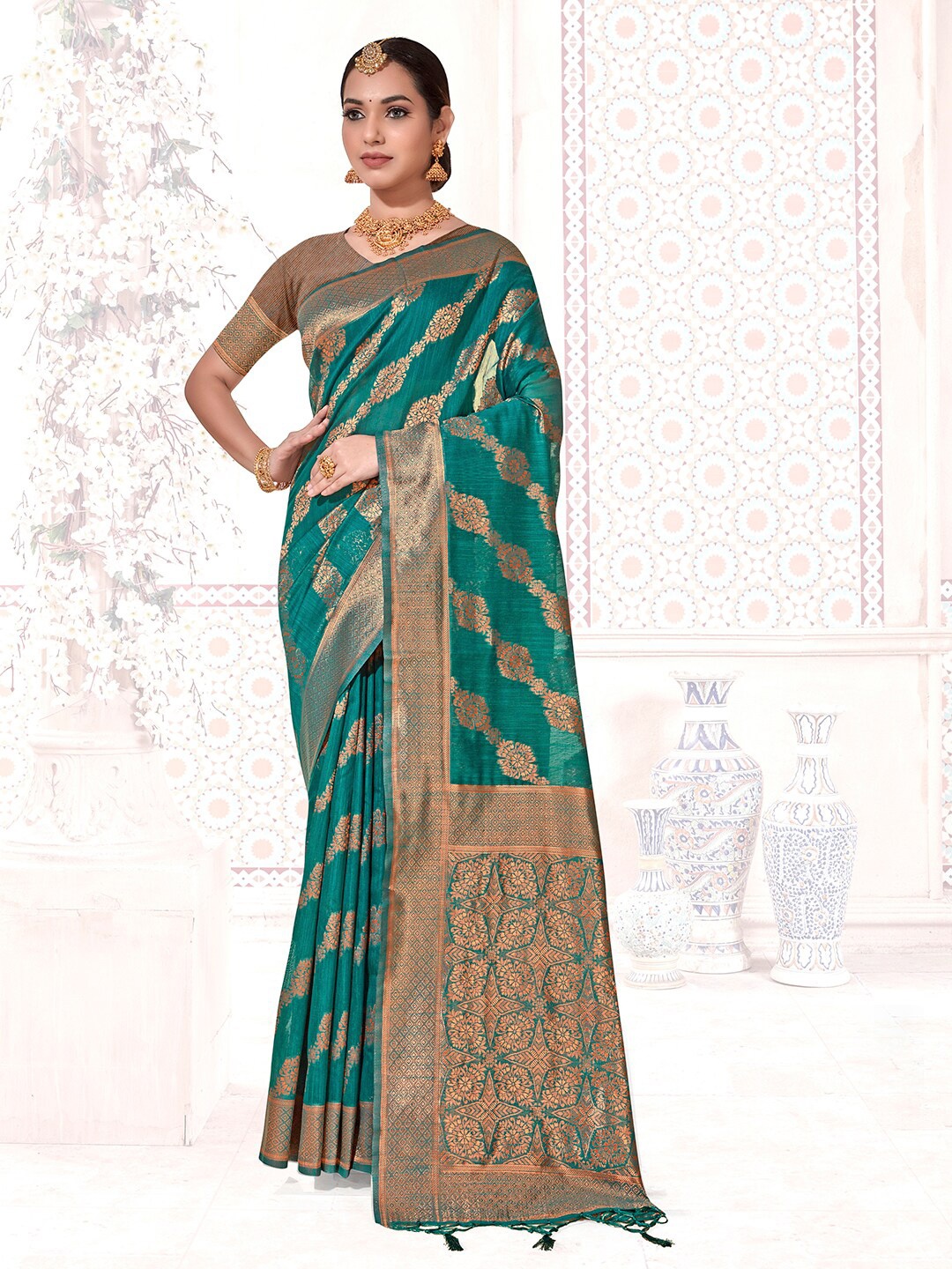 

Anouk Turquoise Blue Ethnic Motifs Woven Design Zari Detailed Chanderi Saree