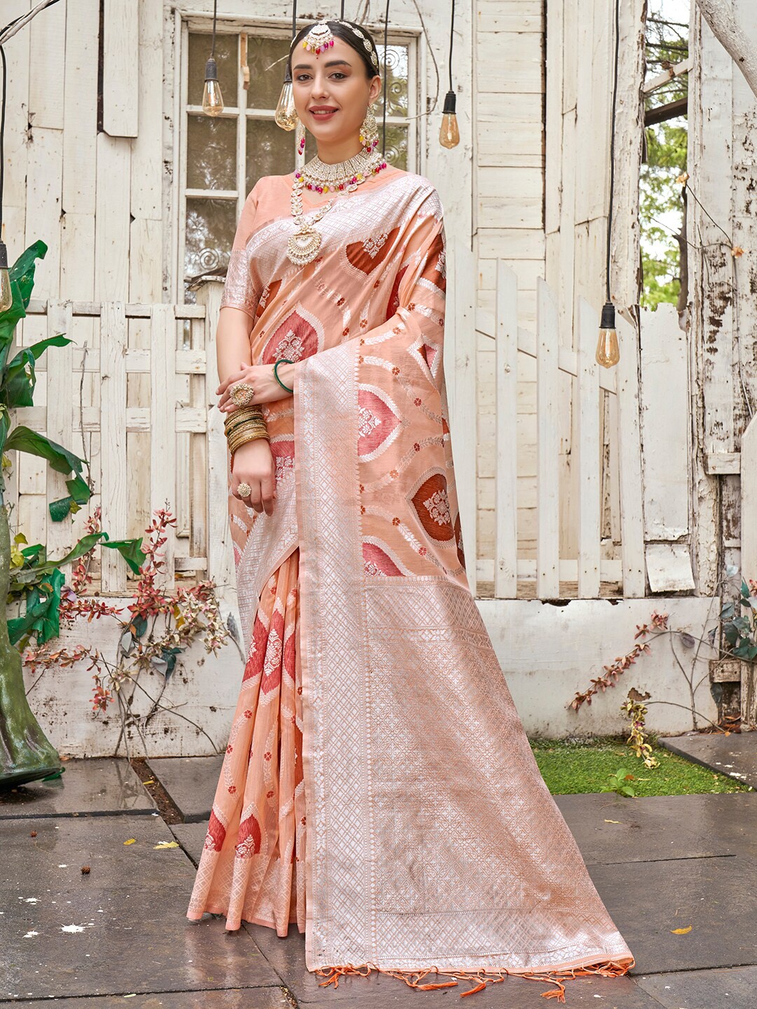 

Anouk Pink & Silver-Toned Woven Design Zari Saree