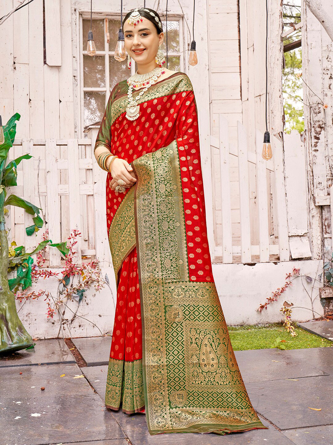 

Anouk Red & Green Woven Design Zari Banarasi Saree