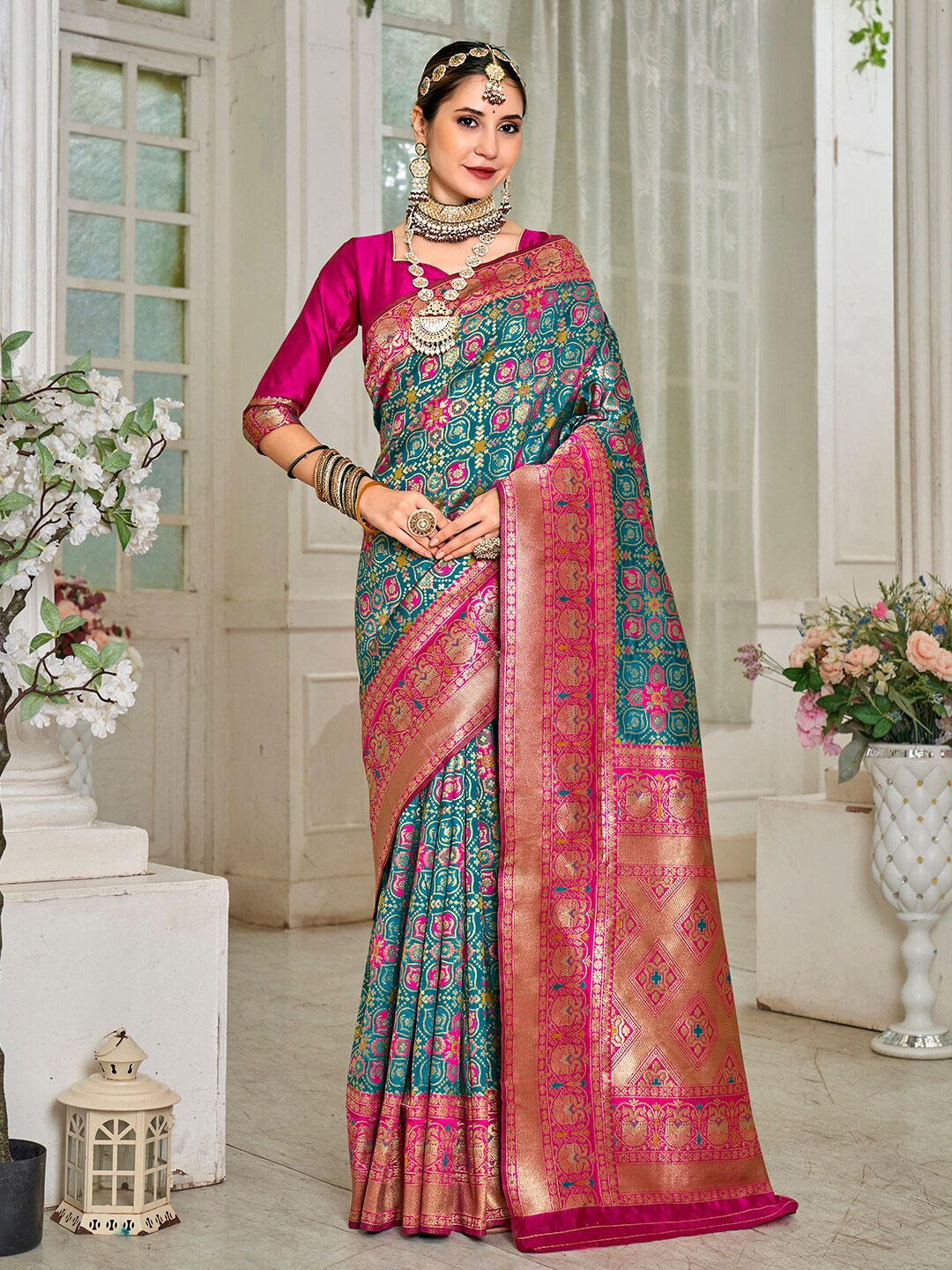 

Anouk Pink & Green Ethnic Motifs Woven Design Zari Art Silk Kanjeevaram Saree