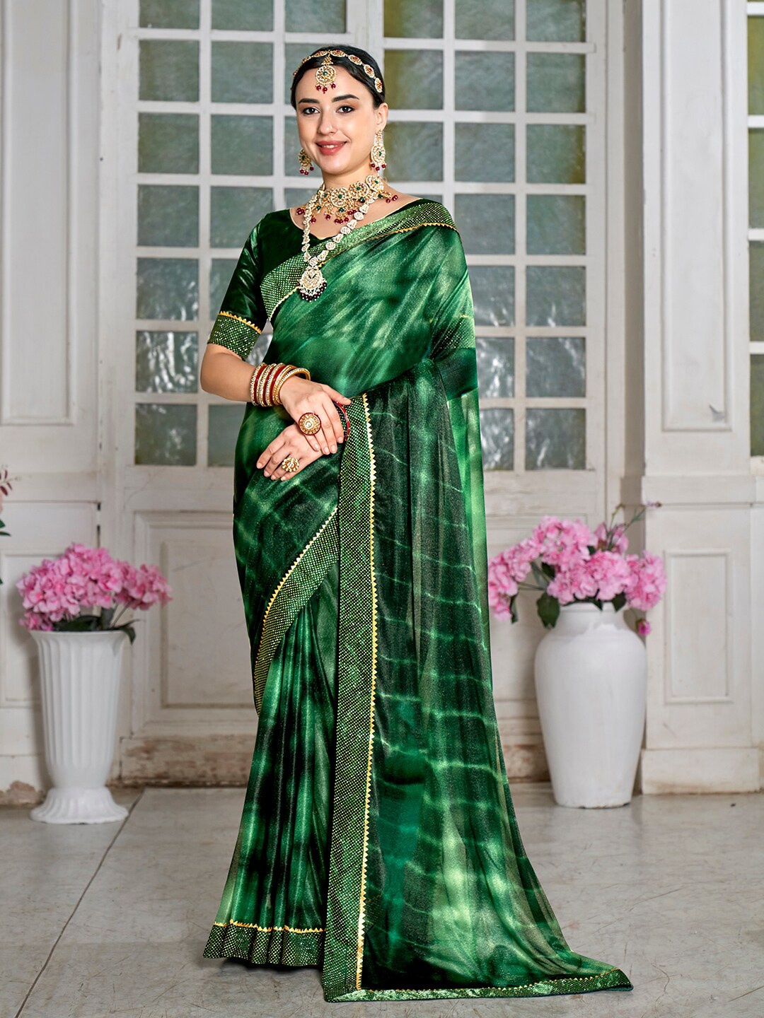 

Anouk Rustic Green Tie & Dye Printed Gotta Patti Pure Chiffon Saree