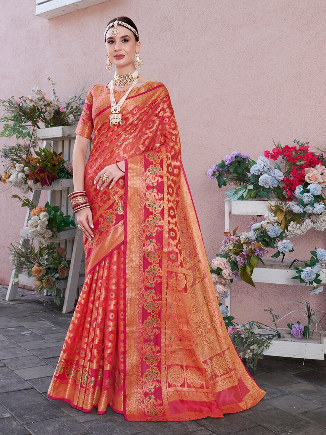 

Anouk Red Ethnic Motifs Woven Design Zari Saree