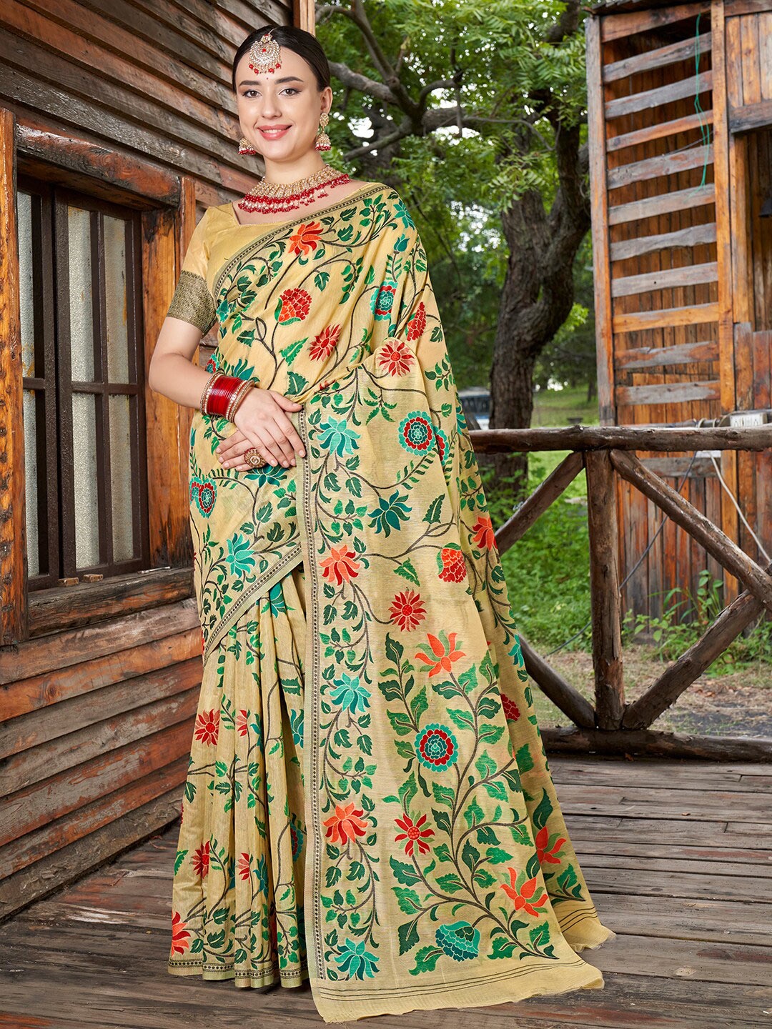 

Anouk Cream-Coloured Floral Woven Design Zari Organza Saree