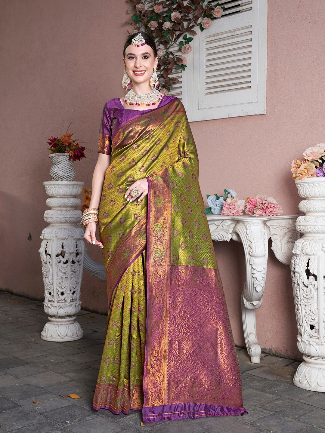 

Anouk Green Ethnic Motifs Woven Design Zari Art Silk Kanjeevaram Saree