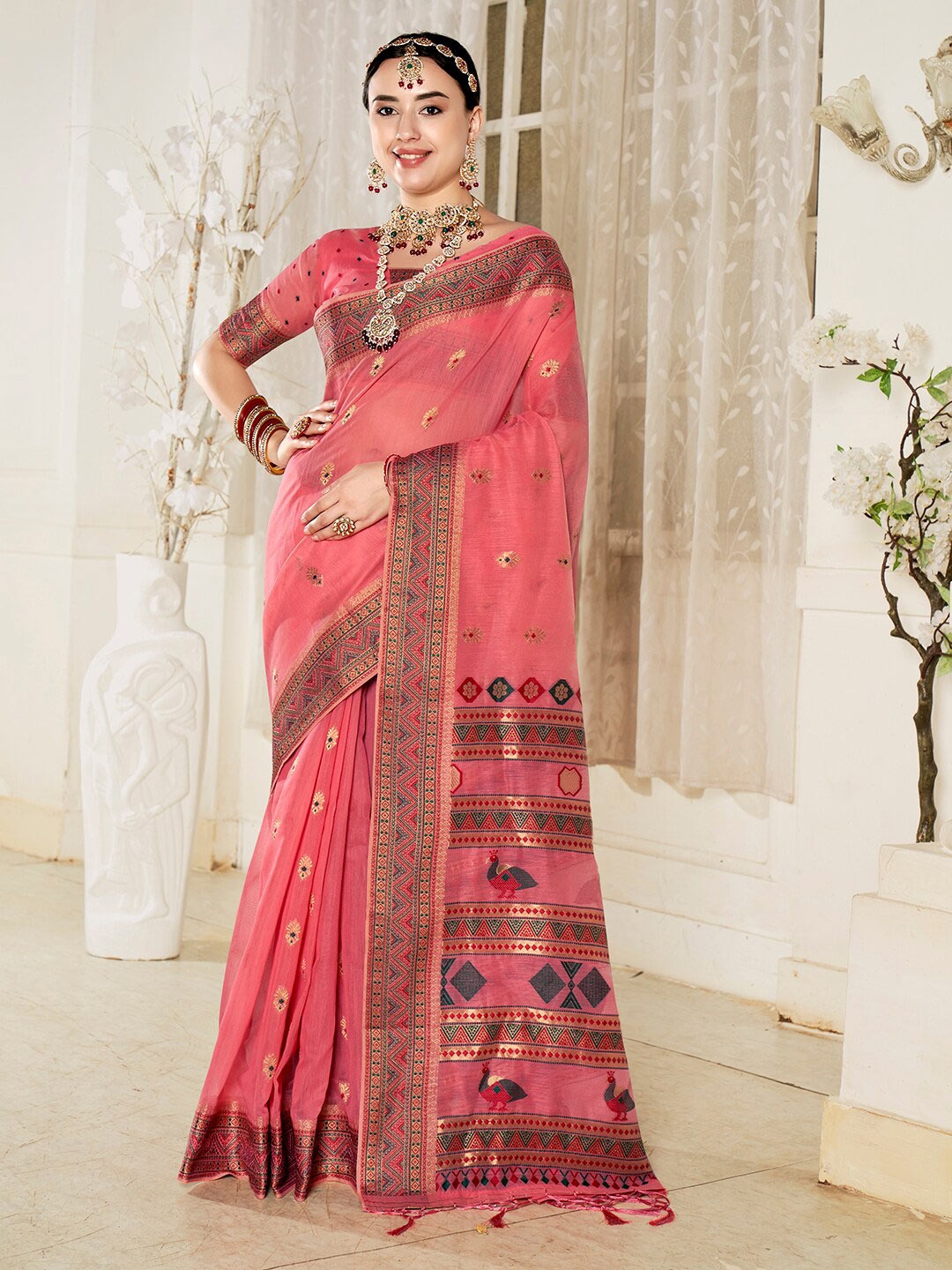 

Anouk Pink & Green Ethnic Motifs Zari Saree