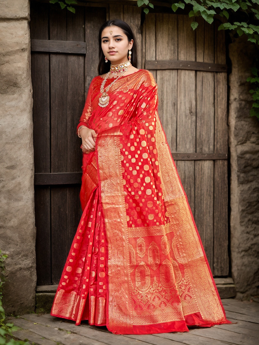 

Anouk Red & Gold-Toned Woven Design Zari Organza Saree