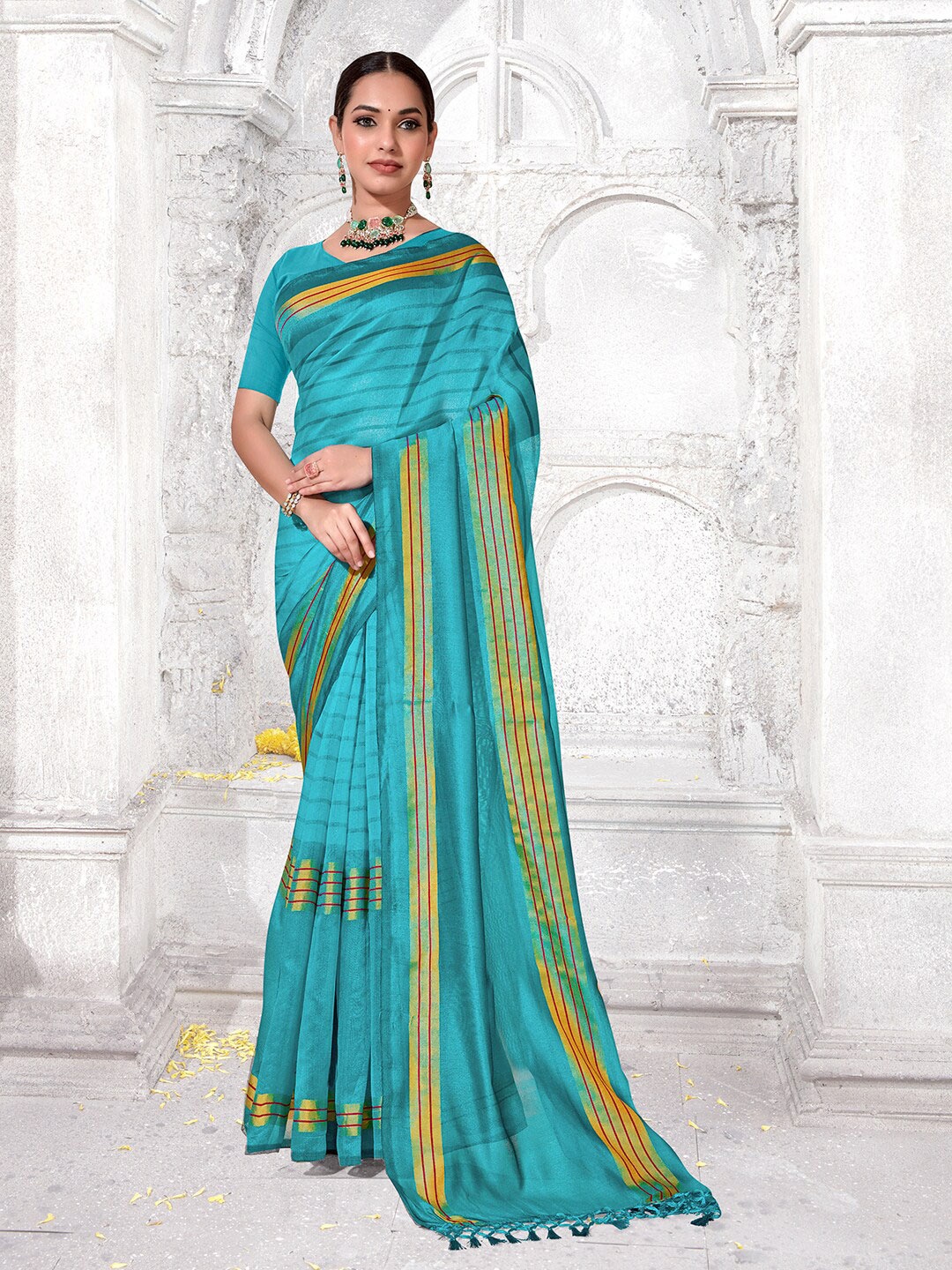 

Anouk Striped Zari Khadi Saree, Turquoise blue