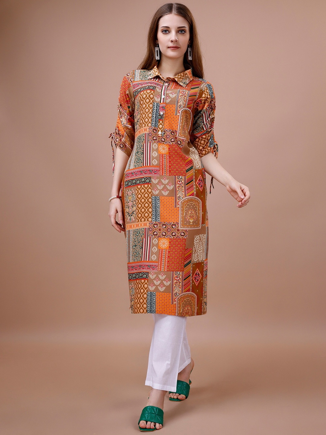 

Sangria Ethnic Motifs Printed Shirt Collar Straight Kurta, Orange