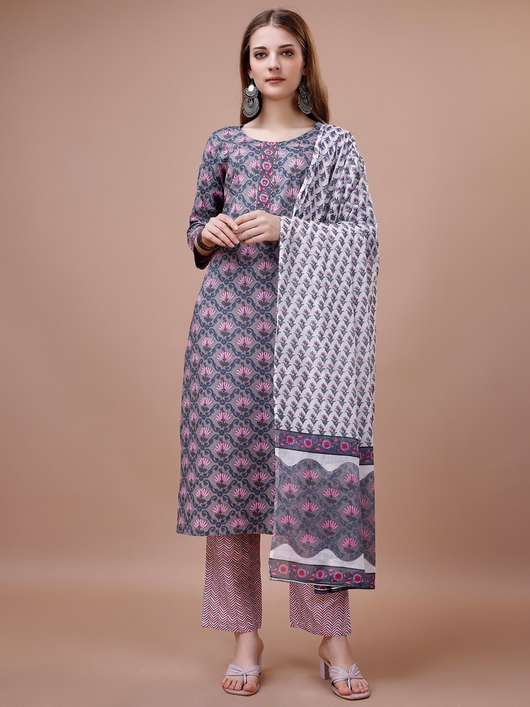 

Sangria Ethnic Motifs Printed Pure Cotton Straight Kurta With Trouser & Dupatta, Grey