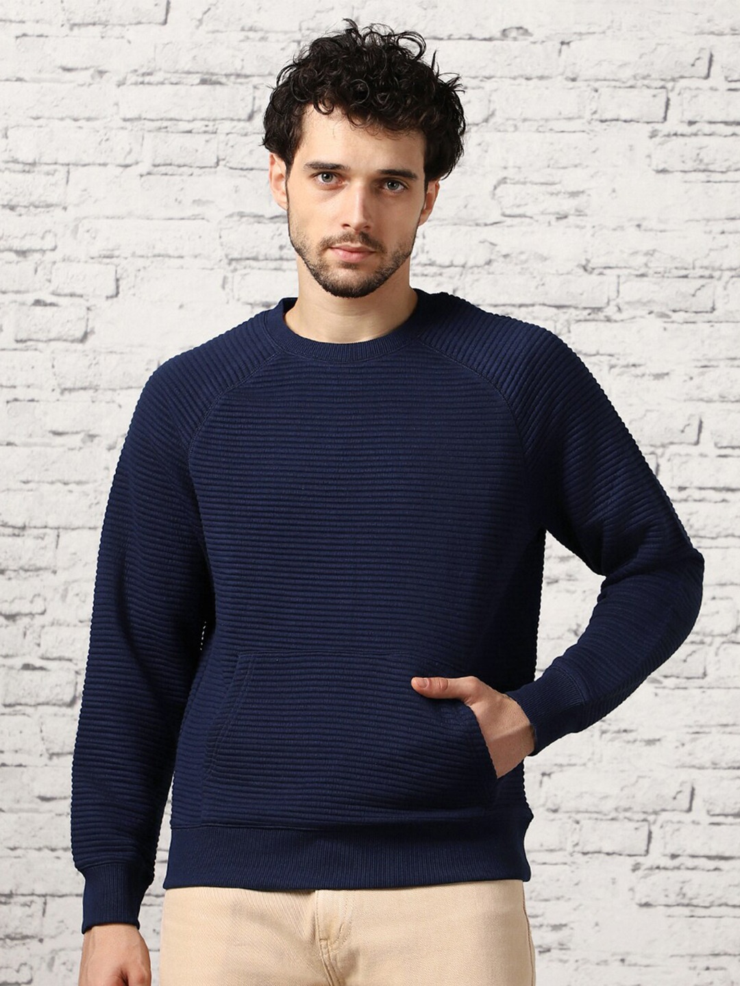 

NOBERO Self Design Round Neck Cuffed Sleeves Pullover Sweatshirt, Navy blue