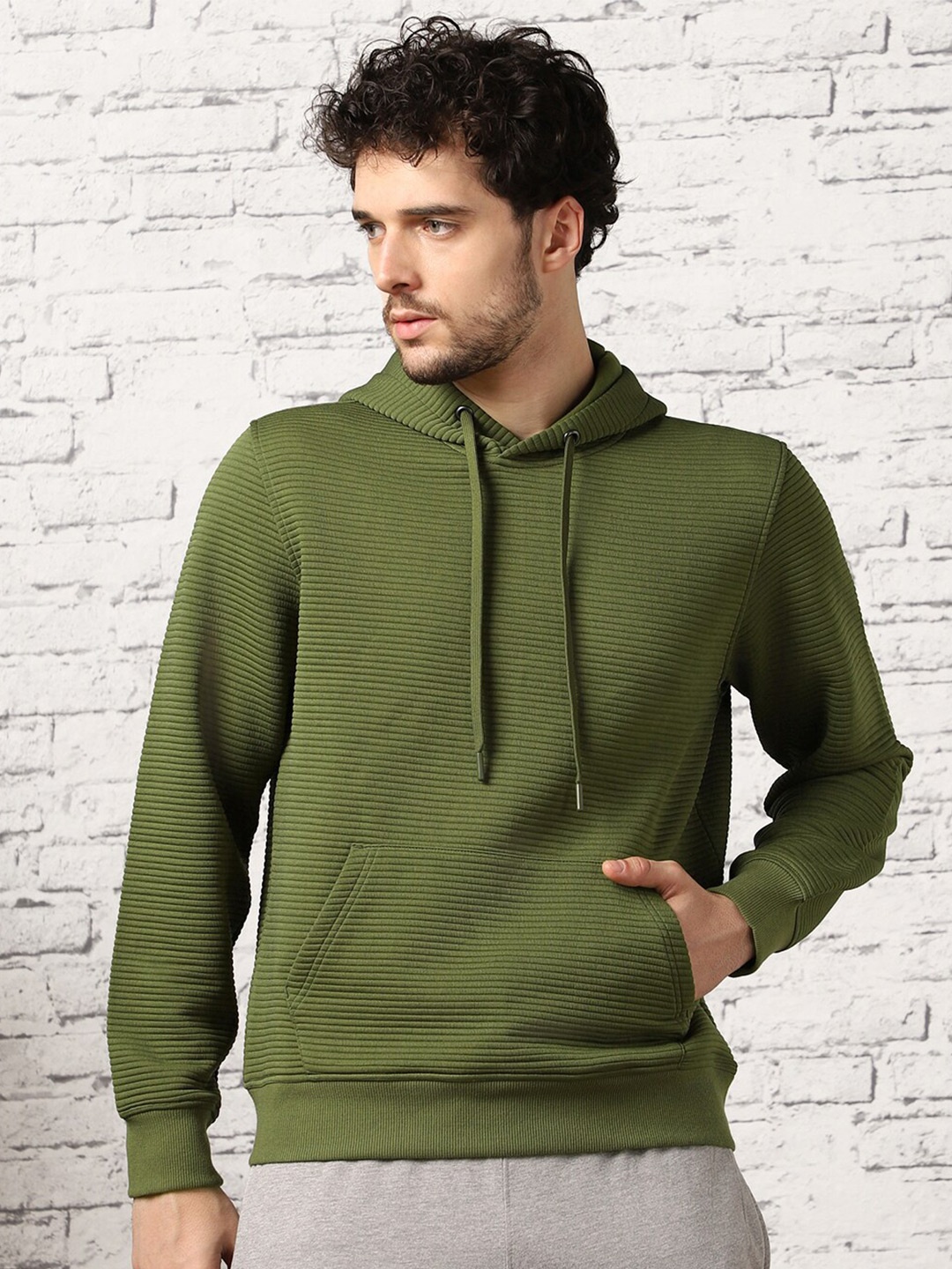 

NOBERO Self Design Hooded Pullover Sweatshirt, Green