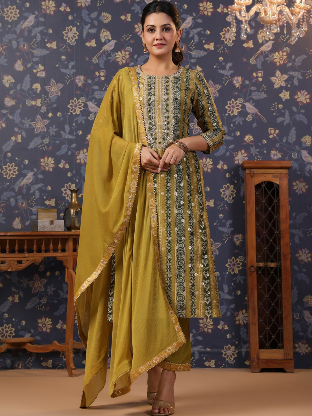 

House of Pataudi Woven Design Mirror Work Straight Kurta With Trouser & Dupatta, Beige