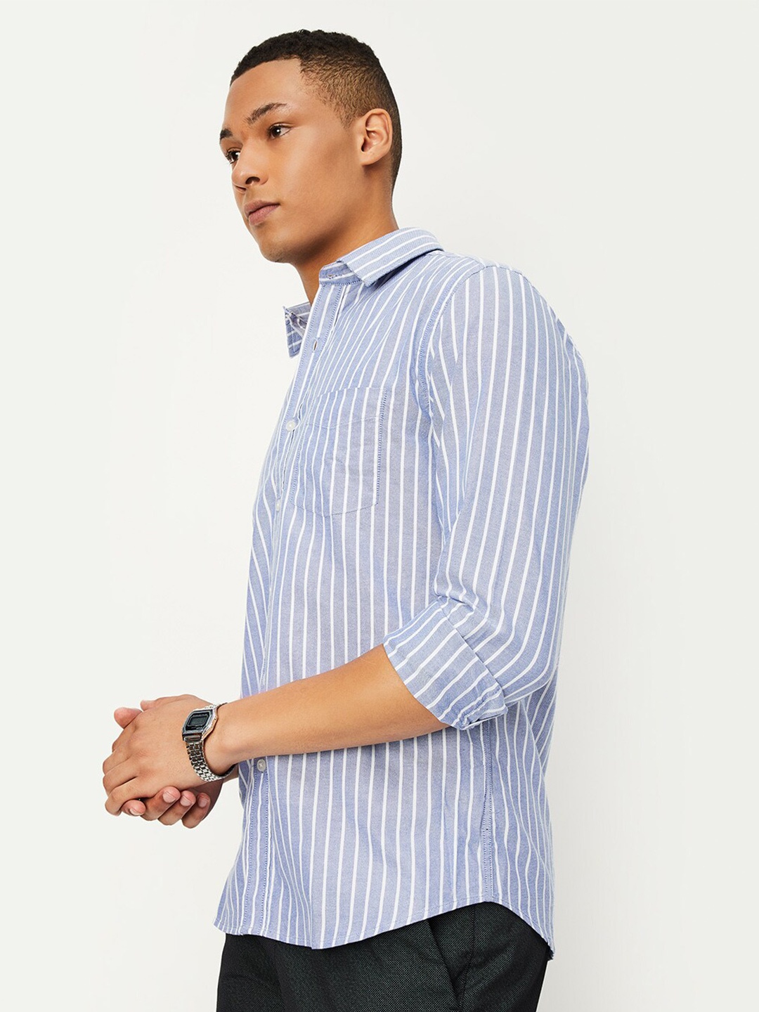 

max Striped Spread Collar Cotton Opaque Casual Shirt, Blue