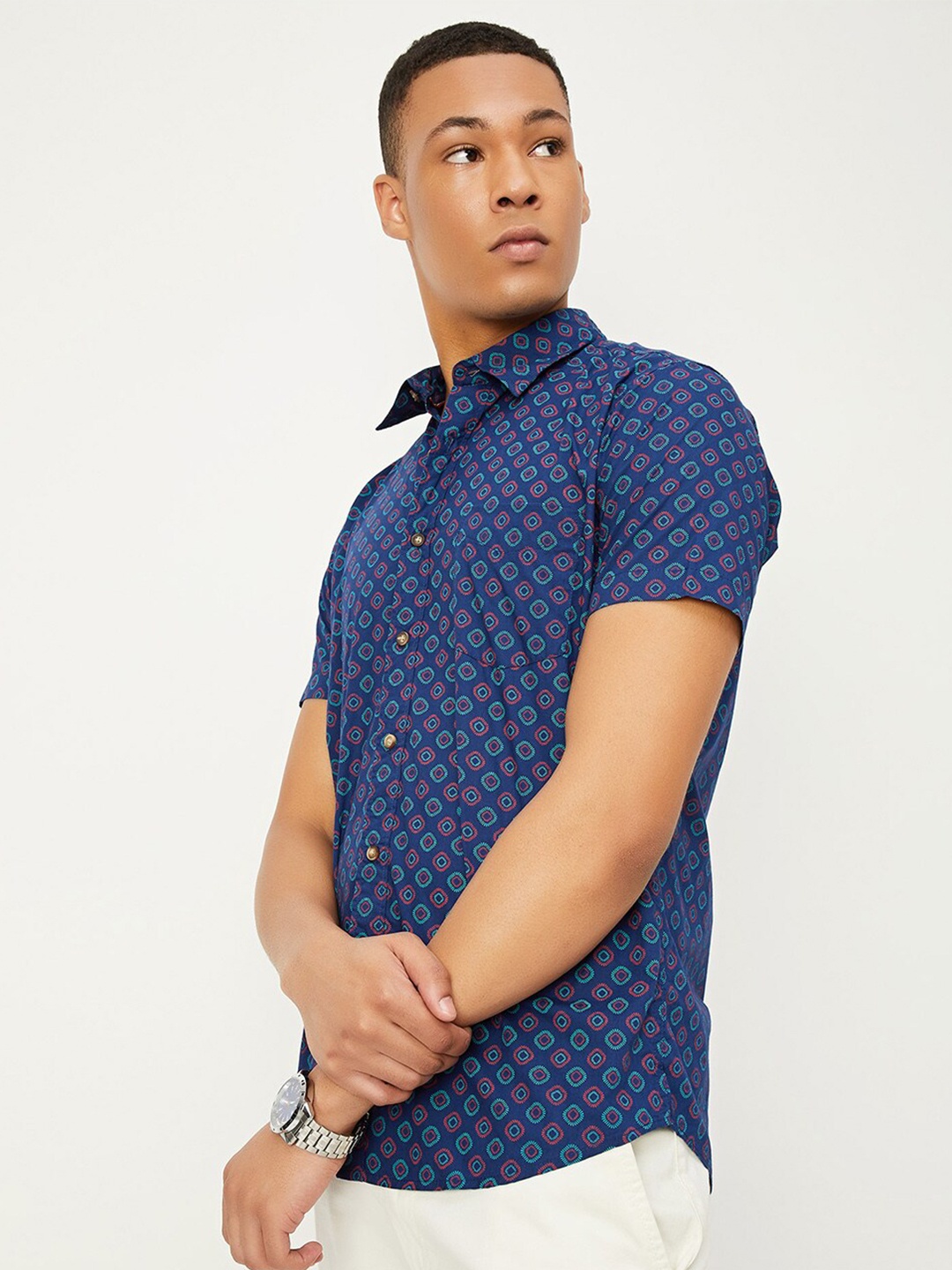 

max Floral Printed Spread Collar Cotton Opaque Casual Shirt, Navy blue