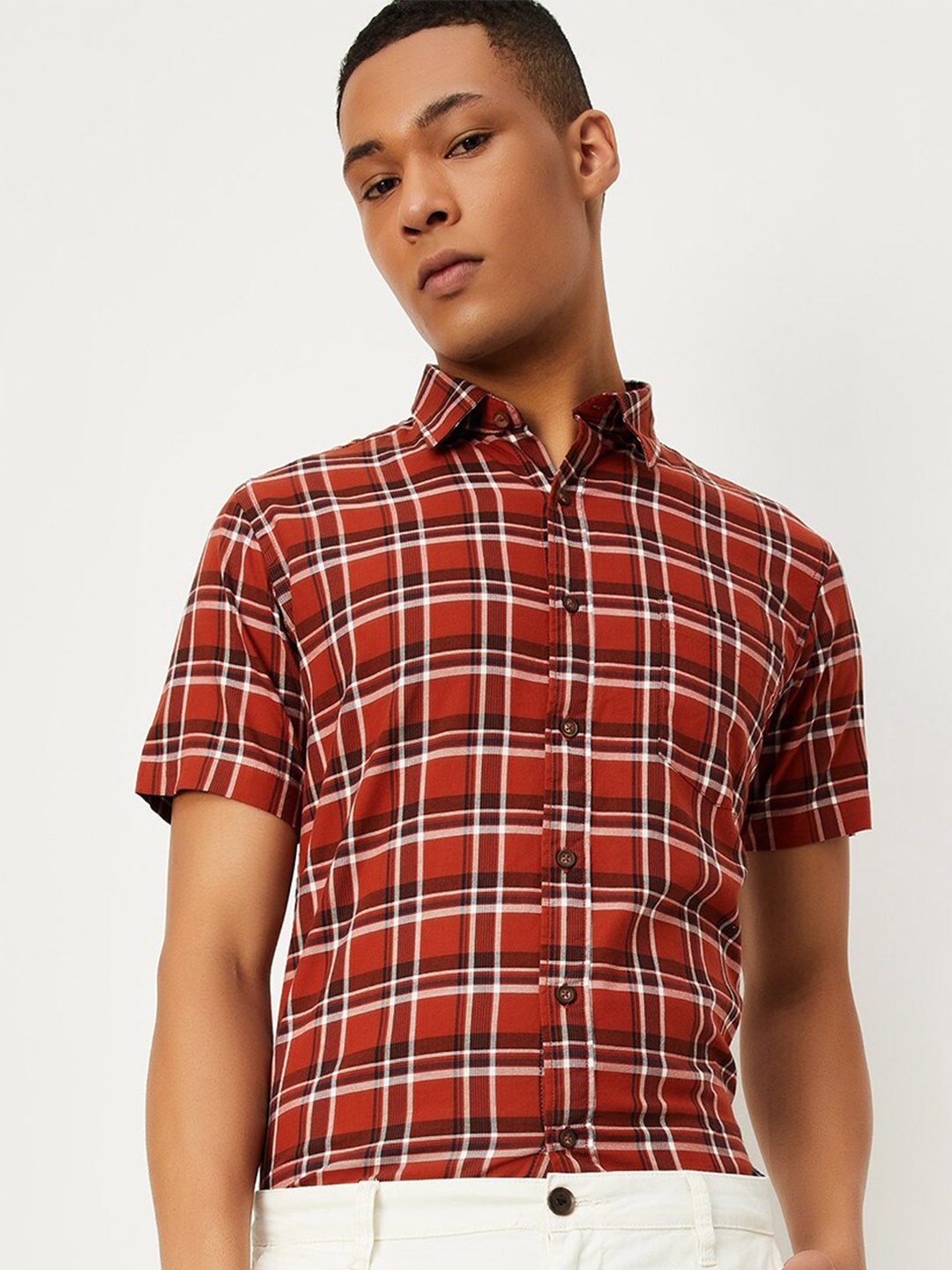

max Tartan Checked Spread Collar Cotton Opaque Casual Shirt, Red